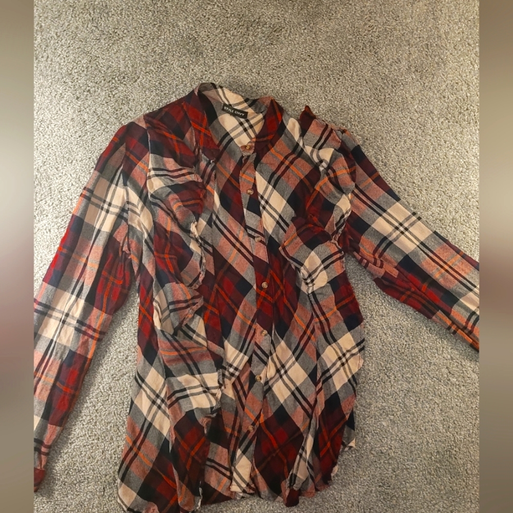 Plaid Ruffled Button Up Top